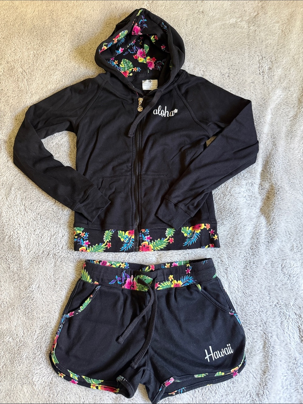 Matching Black Hoodie & Shorts Hawaii Set with Floral Trim